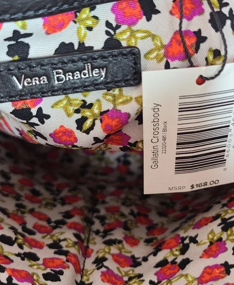 Vera Bradley Gallatin Black Leather Crossbody Bag Purse Floral Interior NWT - Picture 12 of 14